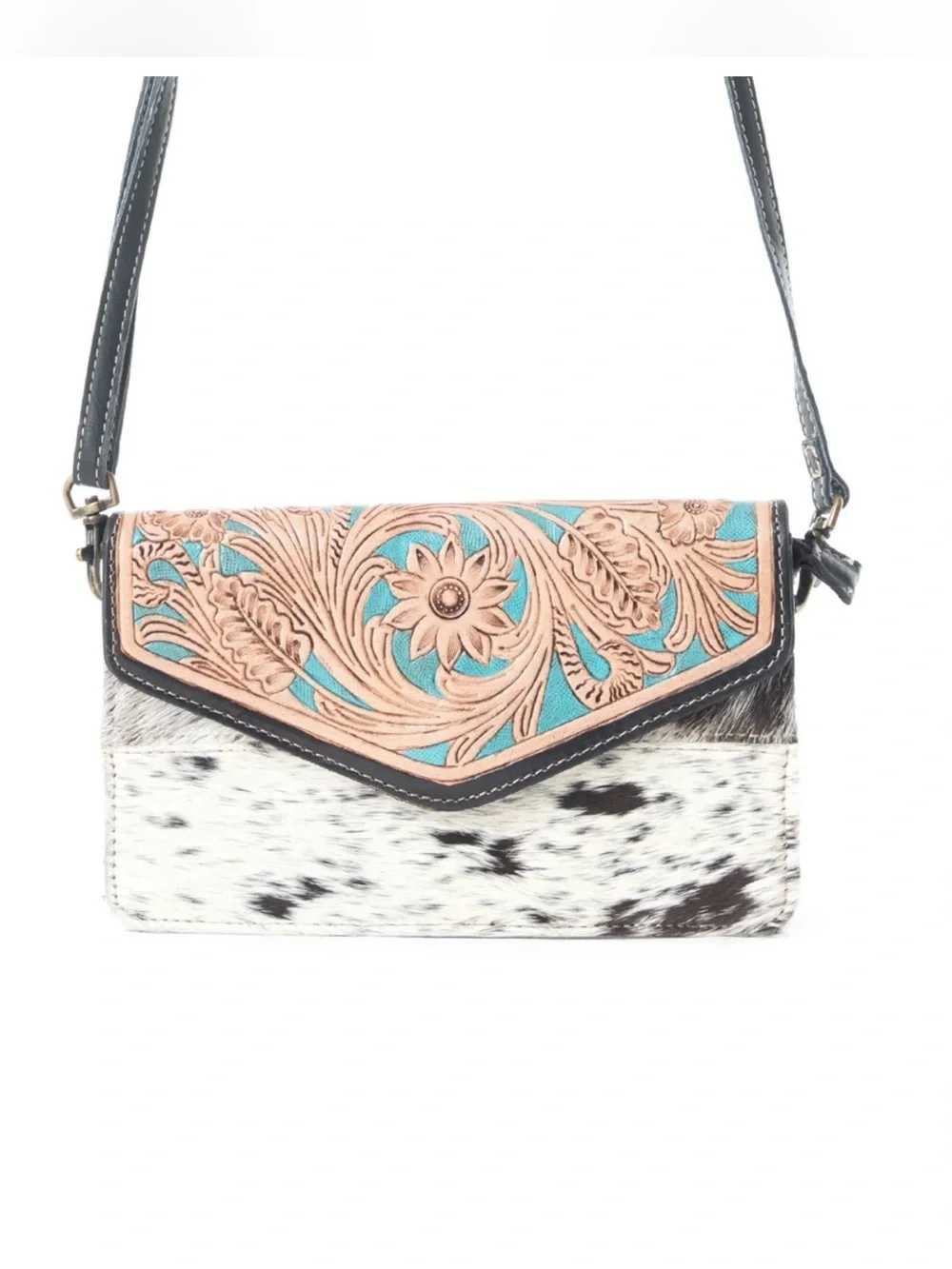 Western Bag Tooled Floral Turquoise & Cowhide Crossbody Wallet Bag